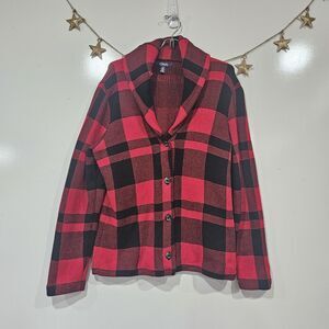 Chaps Ralph Lauren Buffalo Check Tight Knit Sweater Coat Large 100% Cotton Boho